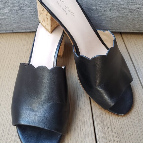 kate spade Shoes - EUC kate spade New York jet black leather scalloped block heel slides (7.5) mule